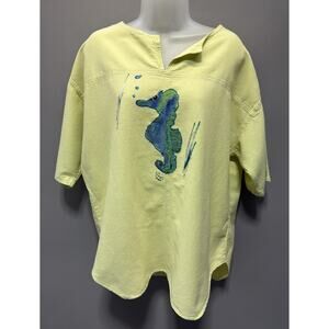 Cottonseed Casual Wear Hand Painted Top Womens M Artsy Seahorses Beachy Made USA
